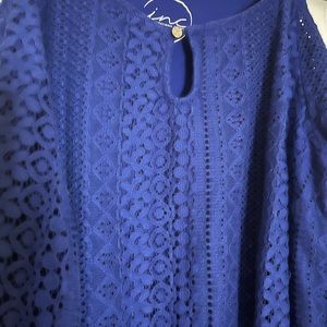 Cobalt Blue lace, cold shoulder, split sleeve, 3/4 sleeve top!